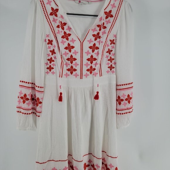 🌺 Boden Embroidered Boho Peasant Dress – White/Red/Pink – Size 4 (Like New!) - Picture 3 of 14